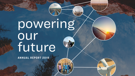 2019 Annual report cover: powering our future, with small images of clean energy